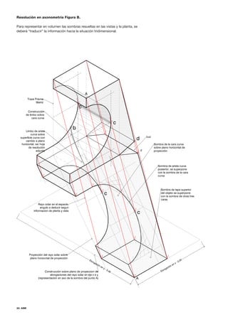 22. ASM
Resolución en axonometría Figura B.
Para representar en volumen las sombras resueltas en las vistas y la planta, se
deberá “traducir” la información hacia la situación tridimensional.
 