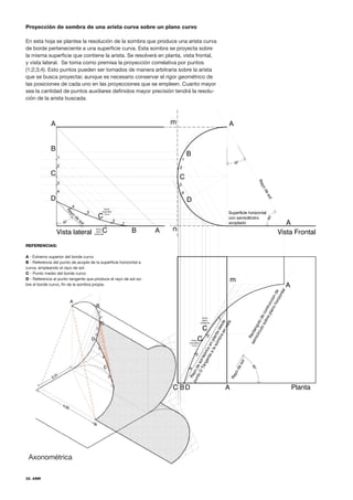 32. ASM
Proyección de sombra de una arista curva sobre un plano curvo
En esta hoja se plantea la resolución de la sombra que produce una arista curva
de borde perteneciente a una superficie curva. Esta sombra se proyecta sobre
la misma superficie que contiene la arista. Se resolverá en planta, vista frontal,
y vista lateral. Se toma como premisa la proyección correlativa por puntos
(1;2;3;4). Esto puntos pueden ser tomados de manera arbitraria sobre la arista
que se busca proyectar, aunque es necesario conservar el rigor geométrico de
las posiciones de cada uno en las proyecciones que se empleen. Cuanto mayor
sea la cantidad de puntos auxiliares definidos mayor precisión tendrá la resolu-
ción de la arista buscada.
REFERENCIAS:
A - Extremo superior del borde curvo
B - Referencia del punto de acople de la superficie horizontal a
curva, empleando el rayo de sol.
C - Punto medio del borde curvo
D - Referencia al punto tangente que produce el rayo de sol so-
bre el borde curvo, fin de la sombra propia.
Axonométrica
 