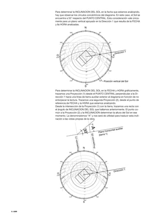 8. ASM
Para determinar la INCLINACION DEL SOL en la fecha que estamos analizando,
hay que observar los círculos concéntricos del diagrama. En este caso, el Sol se
encuentra a 55° respecto del PUNTO CENTRAL. Esta consideración vale única-
mente para un plano vertical apoyado en la Dirección 1 que resulta de la FECHA
y lla HORA analizadas.
Para determinar la INCLINACION DEL SOL en la FECHA y HORA gráficamente,
trazamos una Proyección (1) desde el PUNTO CENTRAL perpendicular a la Di-
rección 1 hacia una línea de tierra auxiliar exterior al diagrama en función de no
entorpecer la lectura. Trazamos una segunda Proyección (2), desde el punto de
referencia de FECHA y la HORA que estamos analizando.
Desde la intersección de la Proyección (1) con la tierra, trazamos una recta con
el ángulo de INCLINACION DEL SOL que hallamos anteriormente. El punto co-
mún a la Proyección (2) y la INCLINACION determinan la altura del Sol en ese
momento. La denominaremos “A” y nos será de utilidad para traducir esta incli-
nación a las vistas propias de la obra.
S
N
180º
150º
120º
90º
60º
270º
E
O
30º
300º
330º
0º
10º
20º
40º
50º
60º
70º
80º
18
17
16
15
14
13 12
6
7
9
10
11
2
2
D
I
C
1
5
N
O
V
23 SEPT
30 AGO
30 JUL
22 JUN
2
2
D
I
C
2
8
E
N
E
21 MAR
15 ABR
15 MAY
22 JUN
210º
240º
30º
8
15
O
CT 28
FEB
P
ro
y
e
c
c
ió
n
(1
)
P
ro
y
e
c
c
ió
n
(2
)
Plano horizontal auxiliar
(tierra 1)
3
0
°
A
Dirección 1
S
N
180º
150º
120º
90º
60º
270º
E
O
30º
300º
330º
0º
10º
20º
30º
40º
50º
60º
70º
80º
18
17
16
15
14 13 12
6
7
8
9
10
11
2
2
D
I
C
1
5
N
O
V
15
O
CT
23 SEPT
30 AGO
30 JUL
22 JUN
2
2
D
I
C
2
8
E
N
E
28
FEB
21 MAR
15 ABR
15 MAY
22 JUN
210º
240º
Posición vertical del Sol
Dirección 1
 