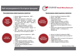 www.elana.net/fund-management
Най-награждаваните български фондове
Консервативна инвестиционна стратегия Балансирана инвес...