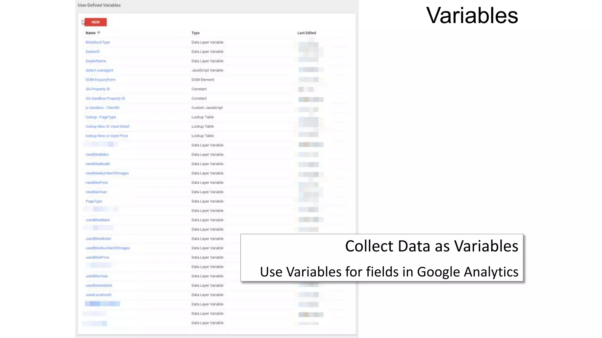 Variables
Collect Data as Variables
Use Variables for fields in Google Analytics
 