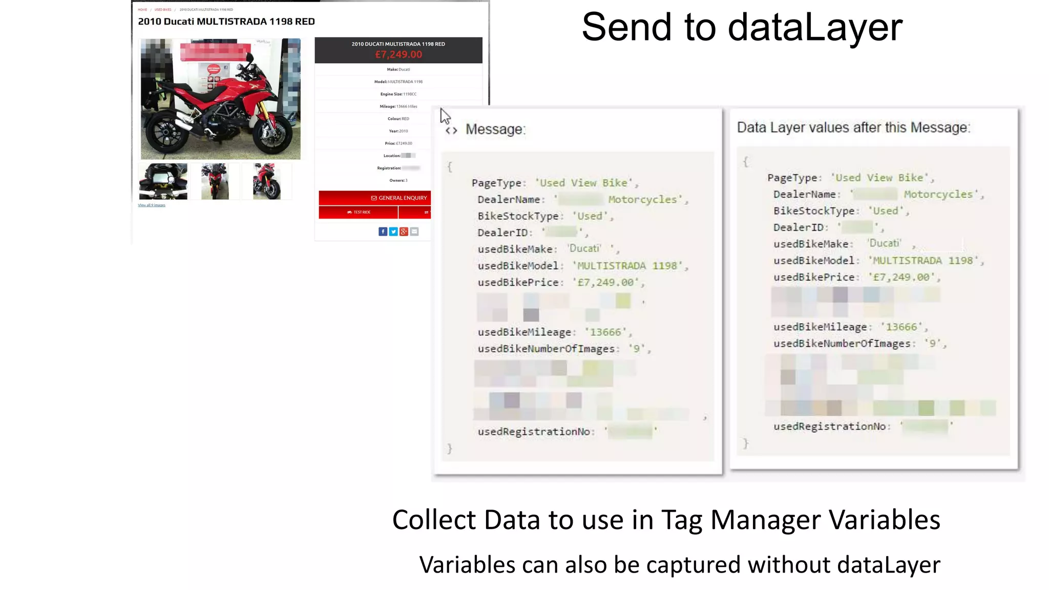 Send to dataLayer
Collect Data to use in Tag Manager Variables
Variables can also be captured without dataLayer
 