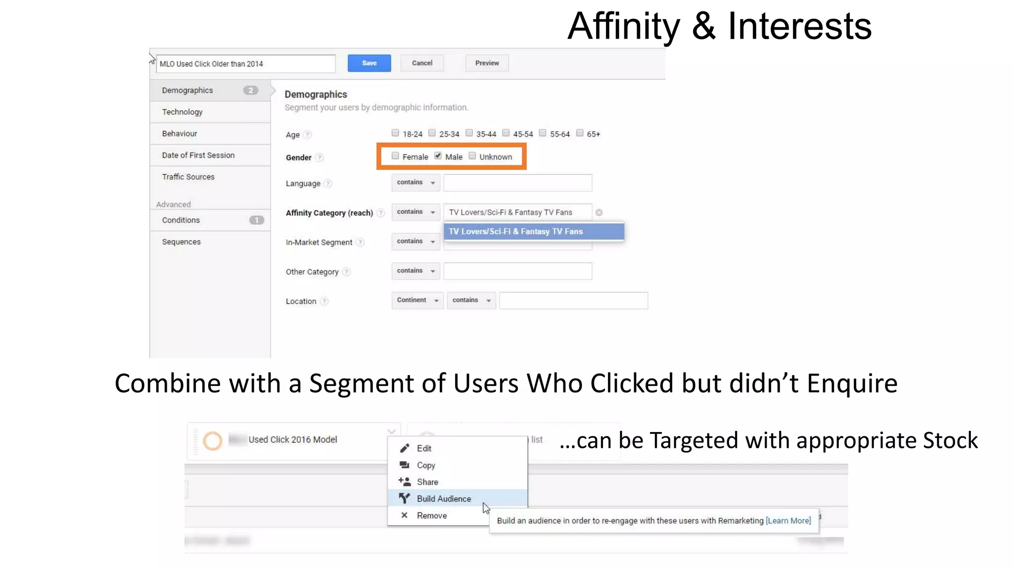 Affinity & Interests
Combine with a Segment of Users Who Clicked but didn’t Enquire
…can be Targeted with appropriate Stock
 