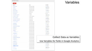 Variables
Collect Data as Variables
Use Variables for fields in Google Analytics
 