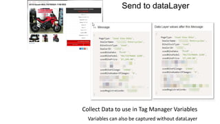 Send to dataLayer
Collect Data to use in Tag Manager Variables
Variables can also be captured without dataLayer
 