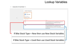 Lookup Variables
If Bike Stock Type = New then use New Stock Variables
If Bike Stock Type = Used then use Used Stock Variables
 