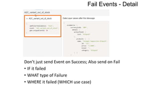 Fail Events - Detail
Don’t just send Event on Success; Also send on Fail
• IF it failed
• WHAT type of Failure
• WHERE it failed (WHICH use case)
 