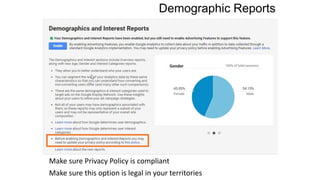 Demographic Reports
Make sure Privacy Policy is compliant
Make sure this option is legal in your territories
 