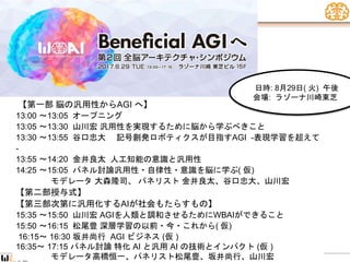 第2回全脳アーキテクチャ
【第一部 脳の汎用性からAGI へ】
13:00 〜13:05 オープニング
13:05 〜13:30 山川宏 汎用性を実現するために脳から学ぶべきこと
13:30 〜13:55 谷口忠大 記号創発ロボティクスが目指すAGI -表現学習を超えて
-
13:55 〜14:20 金井良太 人工知能の意識と汎用性
14:25 〜15:05 パネル討論汎用性・自律性・意識を脳に学ぶ( 仮)
モデレータ 大森隆司、 パネリスト 金井良太、谷口忠大、山川宏
【第二部授与式】
【第三部次第に汎用化するAIが社会もたらすもの】
15:35 〜15:50 山川宏 AGIを人類と調和させるためにWBAIができること
15:50 〜16:15 松尾豊 深層学習の以前・今・これから( 仮)
16:15〜 16:30 坂井尚行 AGI ビジネス (仮 )
16:35〜 17:15 パネル討論 特化 AI と汎用 AI の技術とインパクト (仮 )
モデレータ高橋恒一、パネリスト松尾豊、坂井尚行、山川宏
日時: 8月29日( 火) 午後
会場: ラゾーナ川崎東芝
 