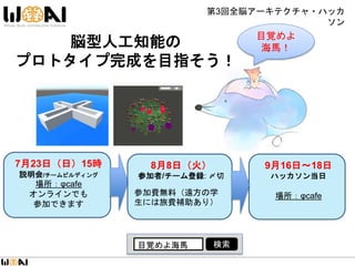 第3回全脳アーキテクチャ・ハッカ
ソン
脳型人工知能の
プロトタイプ完成を目指そう！
目覚めよ
海馬！
目覚めよ海馬 検索
7月23日（日）15時
説明会/チームビルディング
場所：φcafe
オンラインでも
参加できます
9月16日～18日
ハッカソン当日
場所：φcafe
8月8日（火）
参加者/チーム登録: 〆切
参加費無料（遠方の学
生には旅費補助あり）
 