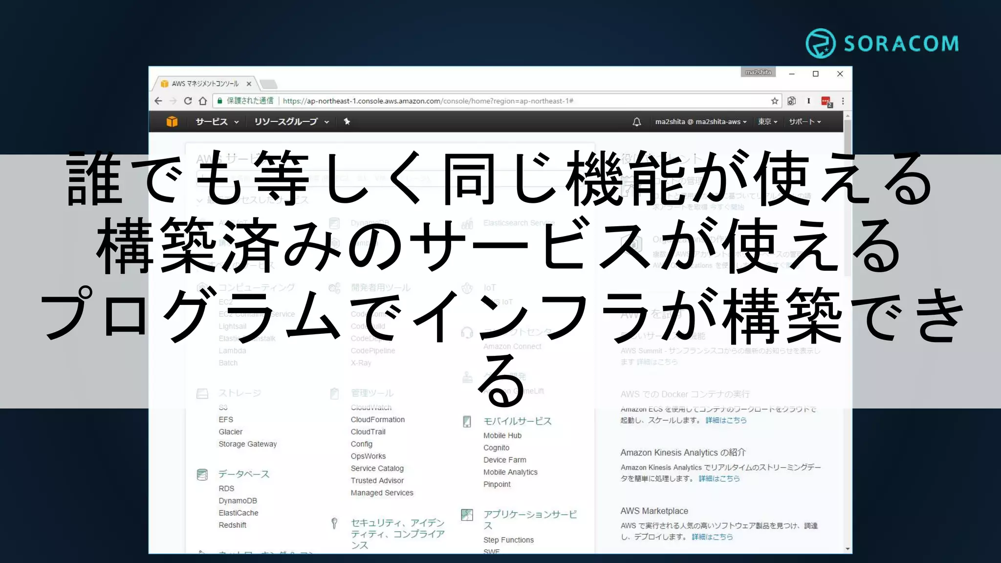 誰でも等しく同じ機能が使える
構築済みのサービスが使える
プログラムでインフラが構築でき
る
 