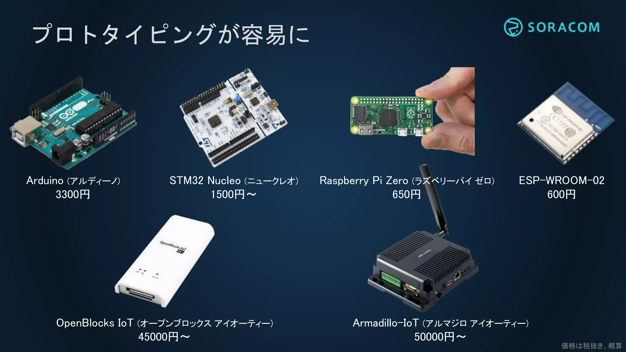 OpenBlocks IoT (オープンブロックス アイオーティー)
45000円～
Armadillo-IoT (アルマジロ アイオーティー)
50000円～
プロトタイピングが容易に
価格は税抜き、概算
Arduino (アルディーノ)
3300円
Raspberry Pi Zero (ラズベリーパイ ゼロ)
650円
STM32 Nucleo (ニュークレオ)
1500円～
ESP-WROOM-02
600円
 