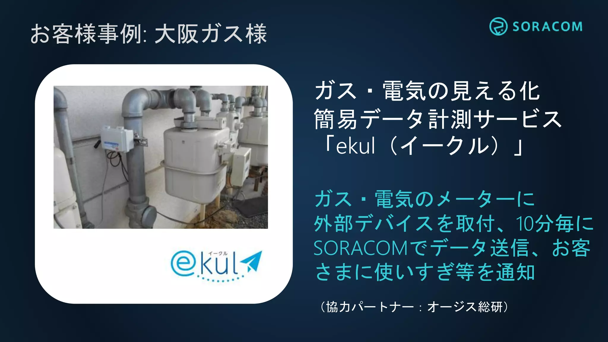お客様事例: 大阪ガス様
ガス・電気のメーターに
外部デバイスを取付、10分毎に
SORACOMでデータ送信、お客
さまに使いすぎ等を通知
（協力パートナー：オージス総研）
ガス・電気の見える化
簡易データ計測サービス
「ekul（イークル）」
 