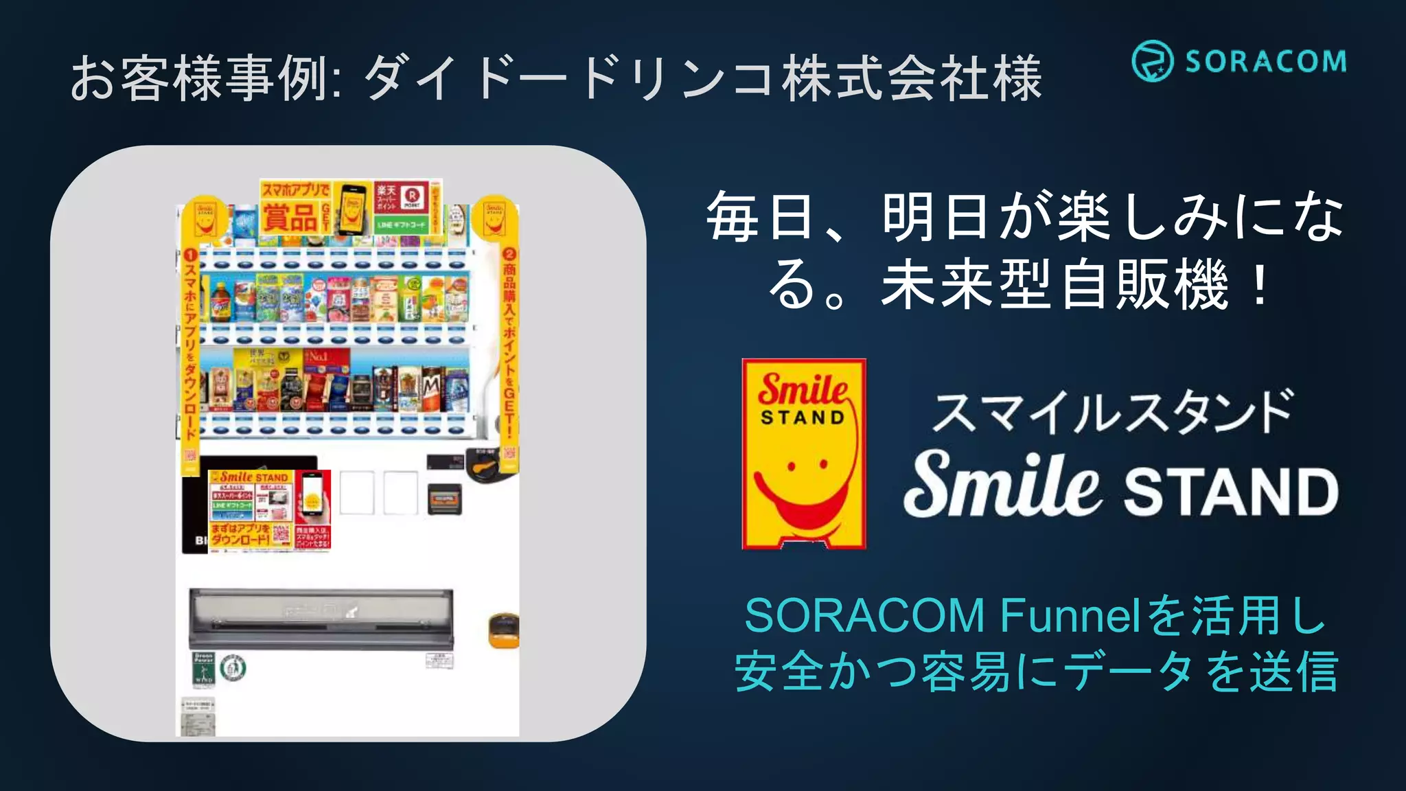 お客様事例: ダイドードリンコ株式会社様
SORACOM Funnelを活用し
安全かつ容易にデータを送信
毎日、明日が楽しみにな
る。未来型自販機！
 