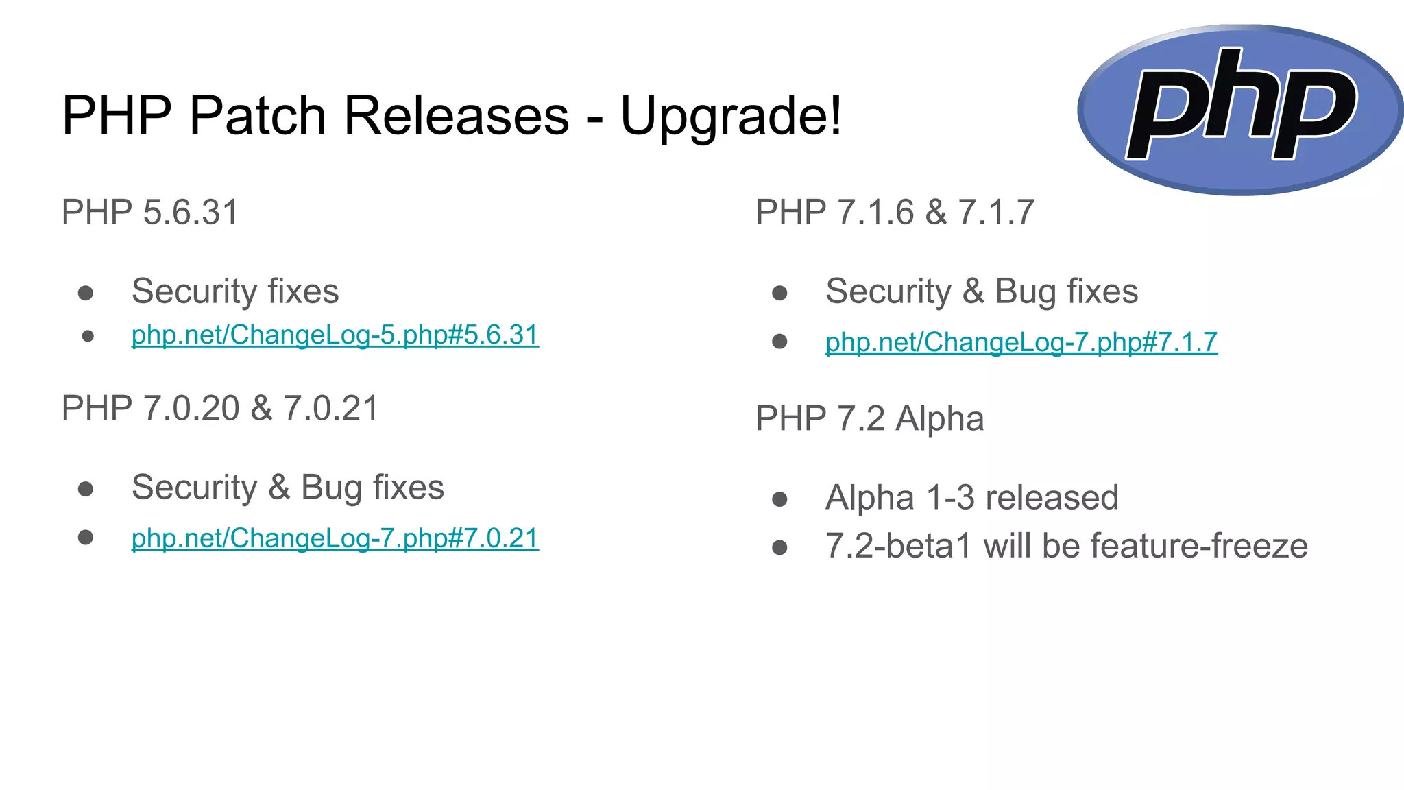 PHP Patch Releases - Upgrade!
PHP 5.6.31
● Security fixes
● php.net/ChangeLog-5.php#5.6.31
PHP 7.0.20 & 7.0.21
● Security & Bug fixes
● php.net/ChangeLog-7.php#7.0.21
PHP 7.1.6 & 7.1.7
● Security & Bug fixes
● php.net/ChangeLog-7.php#7.1.7
PHP 7.2 Alpha
● Alpha 1-3 released
● 7.2-beta1 will be feature-freeze
 