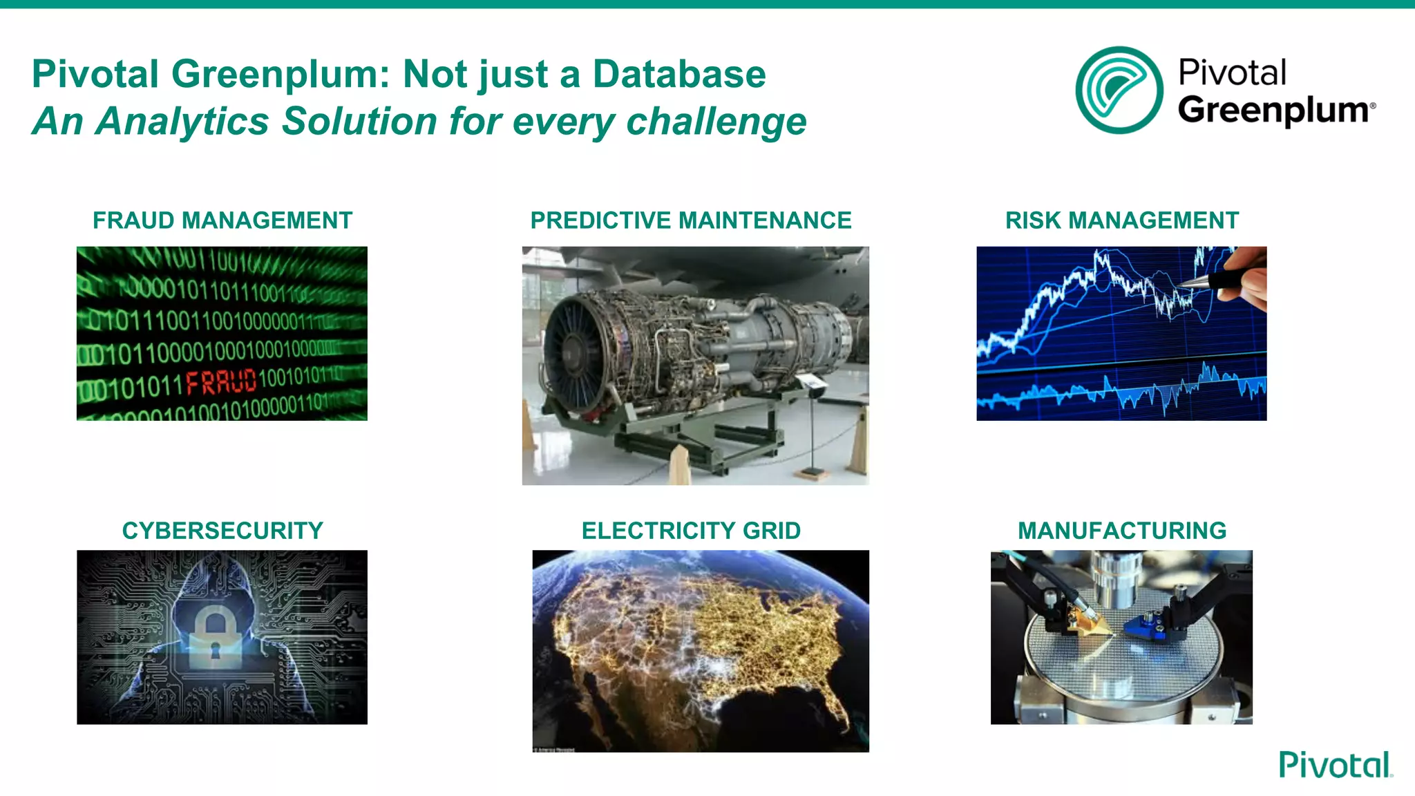 FRAUD MANAGEMENT RISK MANAGEMENT
CYBERSECURITY MANUFACTURING
PREDICTIVE MAINTENANCE
ELECTRICITY GRID
Pivotal Greenplum: Not just a Database
An Analytics Solution for every challenge
 