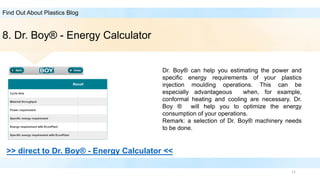 11
Find Out About Plastics Blog
8. Dr. Boy® - Energy Calculator
>> direct to Dr. Boy® - Energy Calculator <<
Dr. Boy® can ...