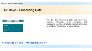 6
Find Out About Plastics Blog
3. Dr. Boy® - Processing Data
>> direct to Dr. Boy – Processing Data <<
The Dr. Boy Process...
