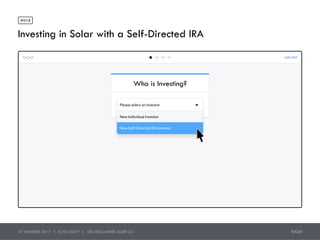 Investing in Solar with a Self-Directed IRA
© WUNDER 2017 | 8/03/2017 | SEE DISCLAIMER: SLIDE 24
#018
Z
LOG OUT
Who is Inv...