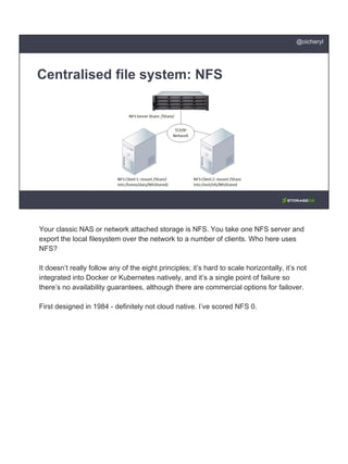 Centralised file system: NFS
@oicheryl
Your classic NAS or network attached storage is NFS. You take one NFS server and
export the local filesystem over the network to a number of clients. Who here uses
NFS?
It doesn’t really follow any of the eight principles; it’s hard to scale horizontally, it’s not
integrated into Docker or Kubernetes natively, and it’s a single point of failure so
there’s no availability guarantees, although there are commercial options for failover.
First designed in 1984 - definitely not cloud native. I’ve scored NFS 0.
 