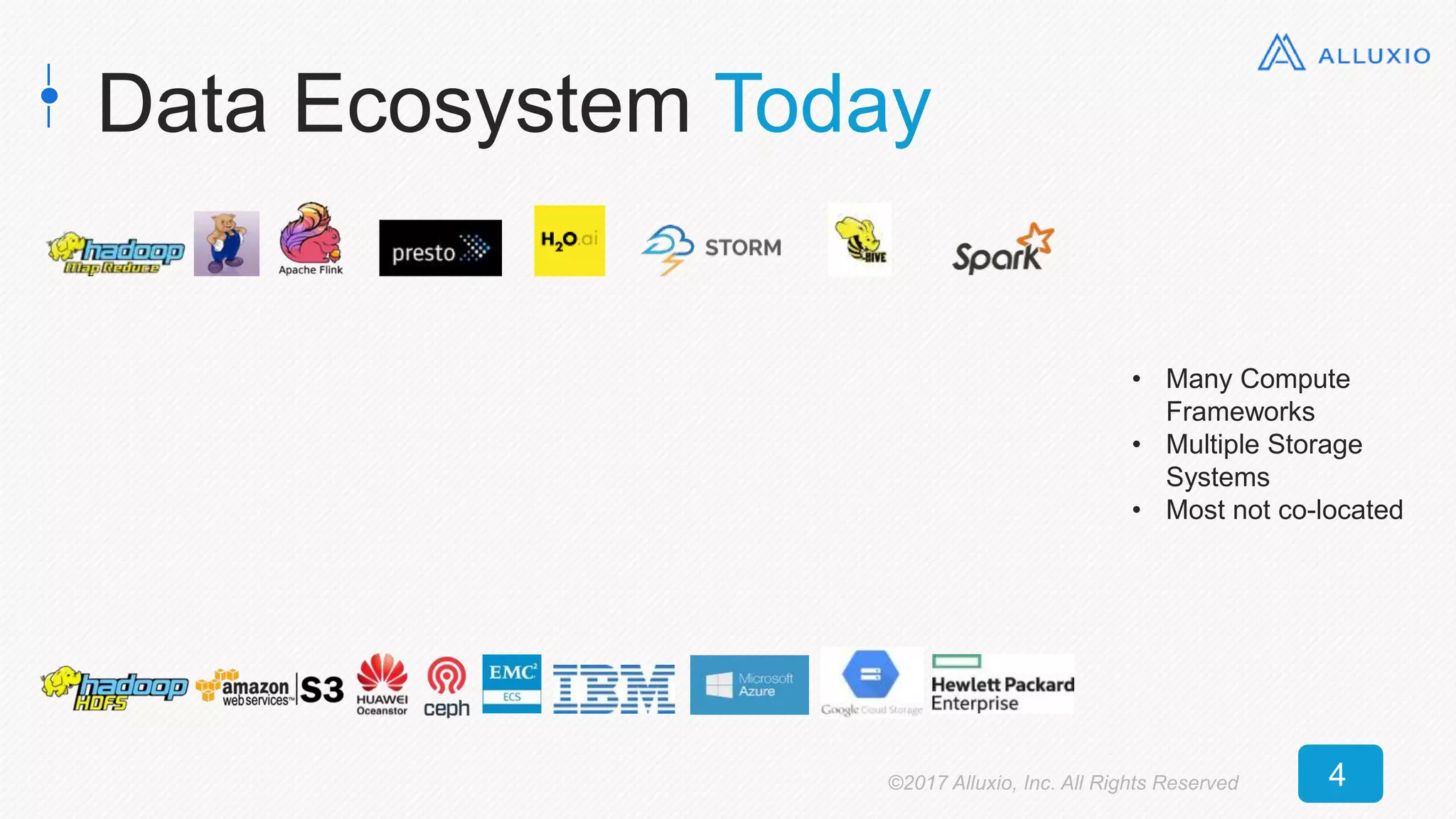 Data Ecosystem Today
• Many Compute
Frameworks
• Multiple Storage
Systems
• Most not co-located
©2017 Alluxio, Inc. All Rights Reserved 4
 
