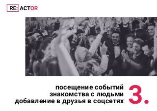 3.
посещение событий
знакомства с людьми
добавление в друзья в соцсетях
 