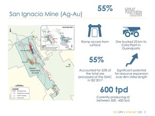 TSX: GPR | NYSE MKT: GPL 9
Ramp access from
surface
Ore trucked 22 km to
Cata Plant in
Guanajuato
Accounted for 55% of
the total ore
processed at the GMC
in Q2 2017
Significant potential
for resource expansion
over 4km strike length
Currently producing at
between 500 - 600 tpd
San Ignacio Mine (Ag-Au)
55%
 