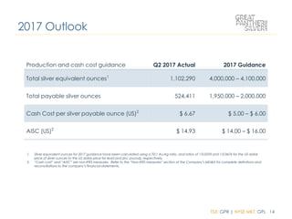 TSX: GPR | NYSE MKT: GPL 14
Production and cash cost guidance Q2 2017 Actual 2017 Guidance
Total silver equivalent ounces1
1,102,290 4,000,000 – 4,100,000
Total payable silver ounces 524,411 1,950,000 – 2,000,000
Cash Cost per silver payable ounce (US)2
$ 6.67 $ 5.00 – $ 6.00
AISC (US)2
$ 14.93 $ 14.00 – $ 16.00
1. Silver equivalent ounces for 2017 guidance have been calculated using a 70:1 Au:Ag ratio, and ratios of 1:0.0559 and 1:0.0676 for the US dollar
price of silver ounces to the US dollar price for lead and zinc pounds, respectively.
2. “Cash cost” and “AISC” are non-IFRS measures. Refer to the “Non-IFRS measures” section of the Company’s MD&A for complete definitions and
reconciliations to the company’s financial statements.
2017 Outlook
 