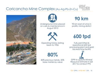 TSX: GPR | NYSE MKT: GPL 18
Underground mine placed
on care & maintenance in
August 2013
90 km east of Lima in
prolific mining district
Operating history dating
back to 1906
Fully permitted &
operational 600 tpd
processing plant and gold
bio-leaching facility
80% precious metals, 20%
base metals by value
GPR to update Mineral
Resource Estimate in Q3
2017 & conduct PFS
Coricancha Mine Complex (Au-Ag-Pb-Zn-Cu)
 