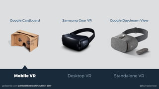 @ﬁschaelameergeildanke.com @ FRONTEND CONF ZURICH 2017
Mobile VR Desktop VR Standalone VR
Google Cardboard Samsung Gear VR...