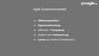 Agile Zusammenarbeit
● Selbstorganisation
● Eigenverantwortung
● Offenheit / Transparenz
● Streben nach Verbesserung
● Lernen aus Fehlern (Fehlerkultur)
 
