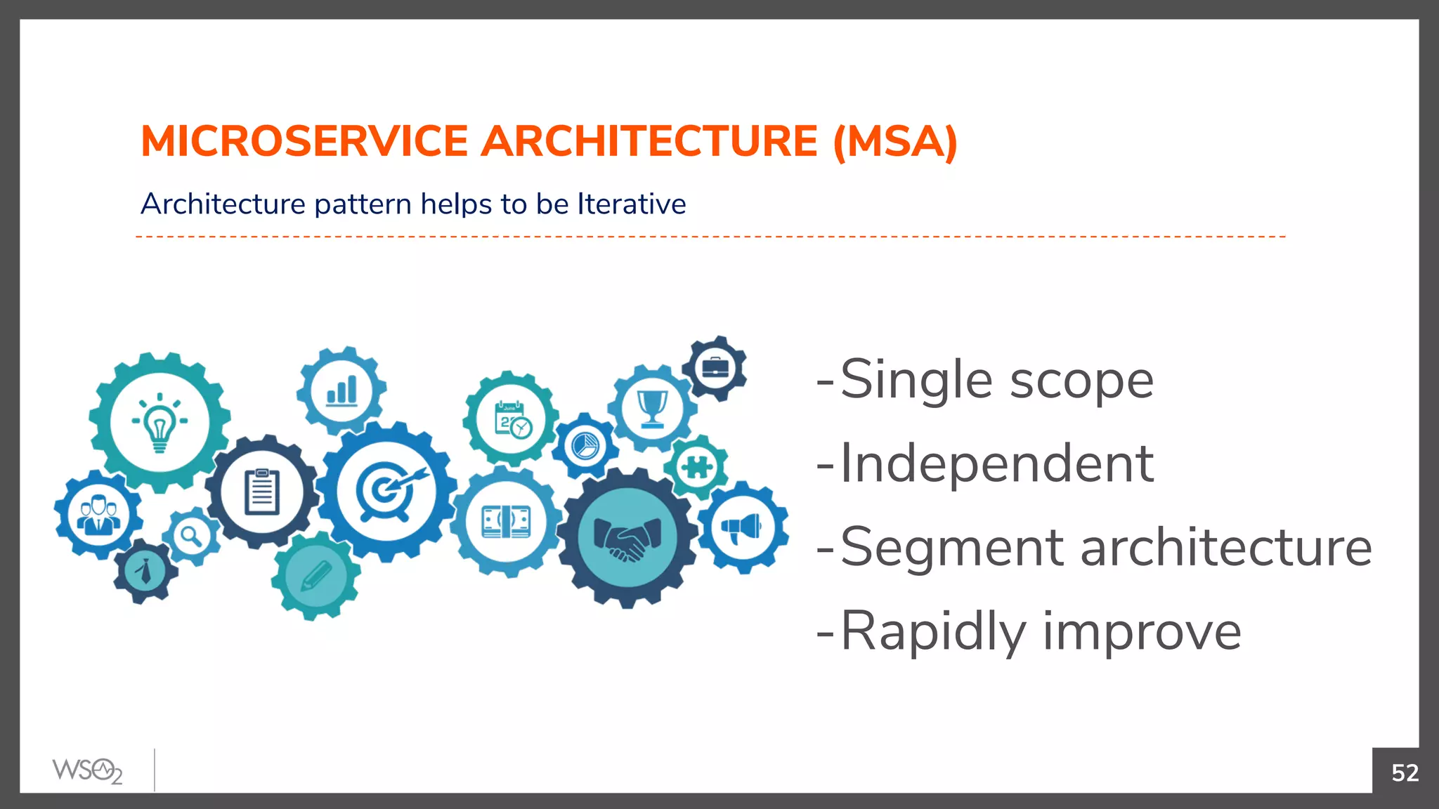 52
Architecture pattern helps to be Iterative
MICROSERVICE ARCHITECTURE (MSA)
-Single scope
-Independent
-Segment architecture
-Rapidly improve
 