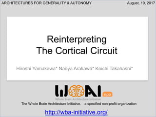 The Whole Brain Architecture Initiative， a specified non-profit organization
Hiroshi Yamakawa* Naoya Arakawa* Koichi Takahashi*
Reinterpreting
The Cortical Circuit
August, 19, 2017ARCHITECTURES FOR GENERALITY & AUTONOMY
http://wba-initiative.org/
npo
 