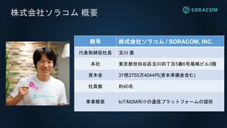 株式会社ソラコム 概要
商号 株式会社ソラコム / SORACOM, INC.
代表取締役社長 玉川 憲
本社 東京都世田谷区玉川四丁目5番6号尾嶋ビル3階
資本金 37億2755万4044円(資本準備金含む)
社員数 約40名
事業概要 IoT/M2M向けの通信プラットフォームの提供
 