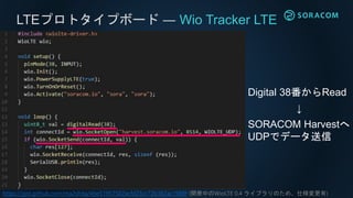 LTEプロトタイプボード ― Wio Tracker LTE
Digital 38番からRead
↓
SORACOM Harvestへ
UDPでデータ送信
https://gist.github.com/ma2shita/4be51957502acfd23cc72b362ac1988f (開発中のWioLTE 0.4 ライブラリのため、仕様変更有)
 