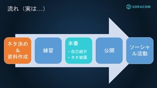 流れ（実は…）
ネタ決め
＆
資料作成
練習
本番
• 自己紹介
• ネタ披露
公開
ソーシャ
ル活動
 