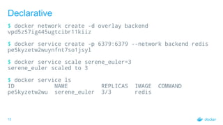 12
Declarative
$ docker network create -d overlay backend
vpd5z57ig445ugtcibr11kiiz
$ docker service create -p 6379:6379 --network backend redis
pe5kyzetw2wuynfnt7so1jsyl
$ docker service scale serene_euler=3
serene_euler scaled to 3
$ docker service ls
ID NAME REPLICAS IMAGE COMMAND
pe5kyzetw2wu serene_euler 3/3 redis
 