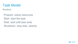 Task Model
Prepare: setup resources
Start: start the task
Wait: wait until task exits
Shutdown: stop task, cleanly
Runtime
 