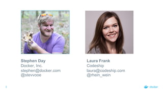 2
Stephen Day
Docker, Inc.
stephen@docker.com
@stevvooe
Laura Frank
Codeship
laura@codeship.com
@rhein_wein
 