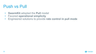 30
Push vs Pull
• SwarmKit adopted the Pull model
• Favored operational simplicity
• Engineered solutions to provide rate control in pull mode
 