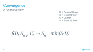 7
Convergence
A functional view
D = Desired State
O = Orchestrator
C = Cluster
St
= State at time t
f(D, Sn-1
, C) → Sn
| min(S-D)
 