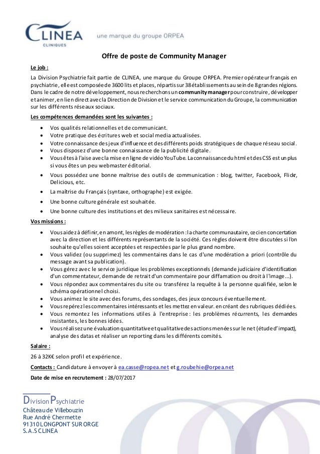 Job Offer Community Manager Clinea Paris France