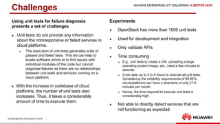 15
Using unit tests for failure diagnosis
presents a set of challenges
l Unit tests do not provide any information
about the nonresponsive or failed services in
cloud platforms.
p The execution of unit tests generates a list of
passed and failed tests. This list can help to
locate software errors or to find issues with
individual modules of the code but cannot
diagnose failures as there are no relationships
between unit tests and services running on a
cloud platform.
l With the increase in codebase of cloud
platforms, the number of unit tests also
increases. Thus, it takes a considerable
amount of time to execute them.
Challenges
Experiments
l OpenStack has more than 1500 unit tests
l Used for development and integration
l Only validate APIs
l Time consuming
p E.g., unit tests to create a VM, uploading a large
operating system image, etc., need a few minutes to
execute.
p It can take up to 3 to 4 hours to execute all unit tests.
Considering the reliability requirements of 99.95%,
cloud platforms can have a downtime of only 21.6
minutes per month.
p Hence, the time required to execute unit tests is
considerably high.
l Not able to directly detect services that are
not functioning as expected
 