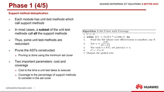 22
Phase 1 (4/5)
l Each module has unit test methods which
call support methods
l In most cases, a subset of the unit test
methods call all the support methods
l Thus, some unit test methods are
redundant
l Prune the ASTs constructed
p Pruning is done using the minimum set cover
l Two important parameters: cost and
coverage
p Cost is the time a unit test takes to execute
p Coverage is the percentage of support methods
to consider in the set cover
Support method deduplication
 