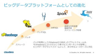 16© Cloudera, Inc. All rights reserved.
ビッグデータプラットフォームとしての進化
ストレージ
バッチ
分析SQL
？
バッチ処理としてのHadoopから始まったプラットフォームは、
今はHadoopエコシステムして様々なコンポーネントが登場し、
ビッグデータプラットフォームとして、あらゆるユースケースに対応
バッチSQL
⾼度な分析処理
機械学習
ストリーミング処理
 