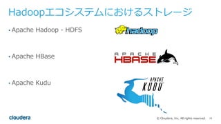 19© Cloudera, Inc. All rights reserved.
Hadoopエコシステムにおけるストレージ
• Apache Hadoop - HDFS
• Apache HBase
• Apache Kudu
 