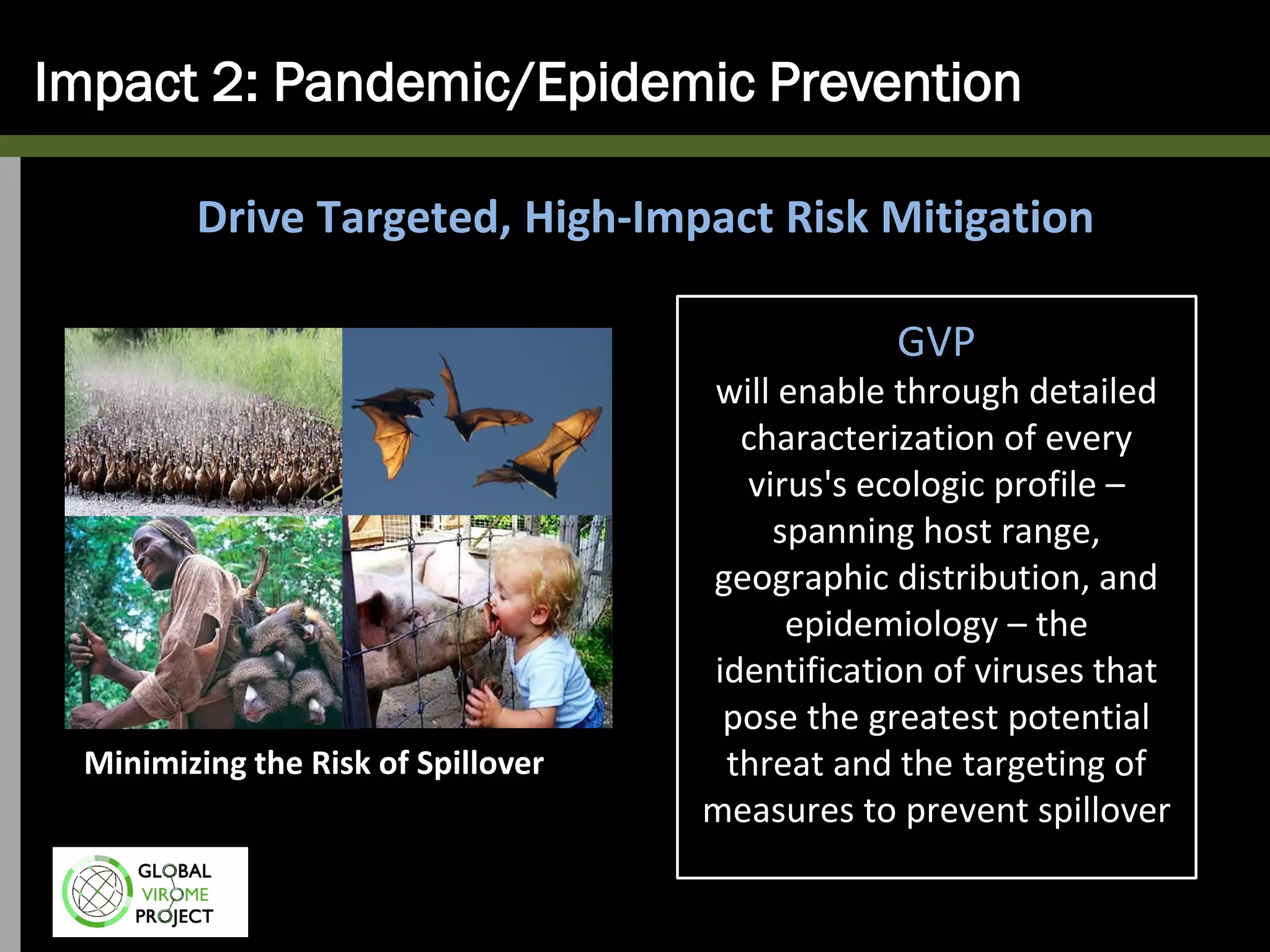 Impact 2: Pandemic/Epidemic Prevention
GVP
will enable through detailed
characterization of every
virus's ecologic profile –
spanning host range,
geographic distribution, and
epidemiology – the
identification of viruses that
pose the greatest potential
threat and the targeting of
measures to prevent spillover
Minimizing the Risk of Spillover
Drive Targeted, High-Impact Risk Mitigation
 