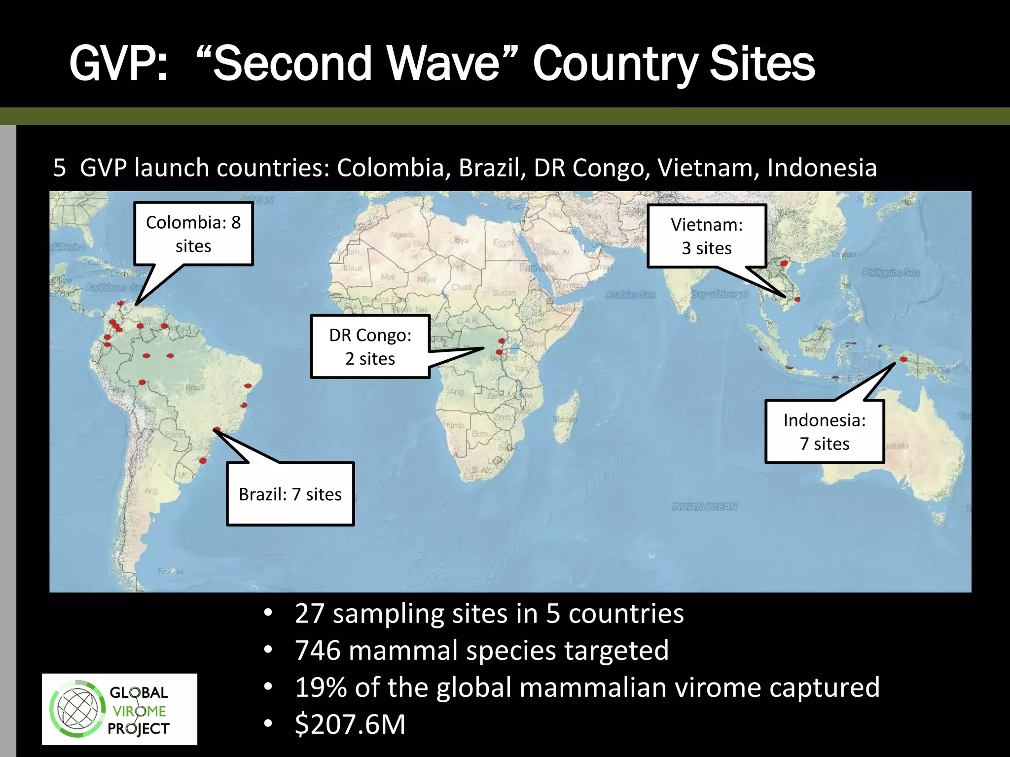 GVP: “Second Wave” Country Sites
Brazil: 7 sites
DR Congo:
2 sites
Indonesia:
7 sites
• 27 sampling sites in 5 countries
• 746 mammal species targeted
• 19% of the global mammalian virome captured
• $207.6M
5 GVP launch countries: Colombia, Brazil, DR Congo, Vietnam, Indonesia
Colombia: 8
sites
Vietnam:
3 sites
 