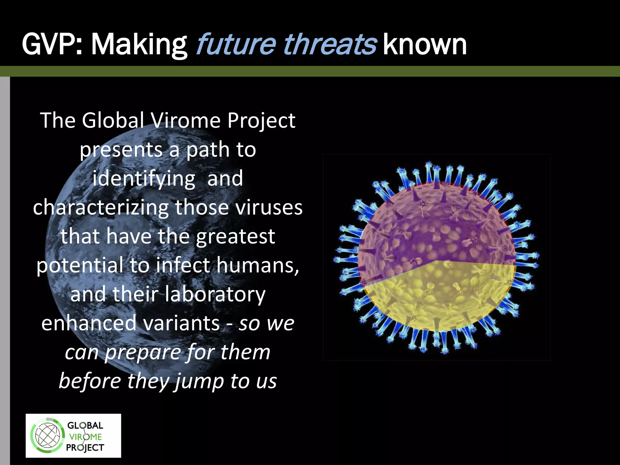 GVP: Making future threats known
The Global Virome Project
presents a path to
identifying and
characterizing those viruses
that have the greatest
potential to infect humans,
and their laboratory
enhanced variants - so we
can prepare for them
before they jump to us
 