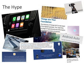 The Hype
• Gartner Predictions
• CES shows
• Home Apps
• Car Apps
 
